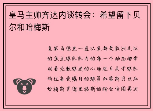 皇马主帅齐达内谈转会：希望留下贝尔和哈梅斯